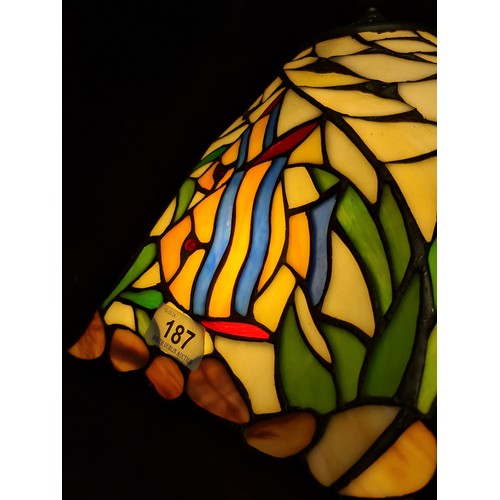 187 - A gorgeous large Tiffany style table lamp, with a lovely large colourful shade with tropical fish .