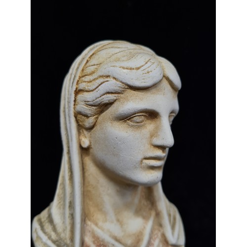 195 - A cast stone Olympias bust titled Mother of Alexander the Great - Wife of Philip II Macedon, mounted... 