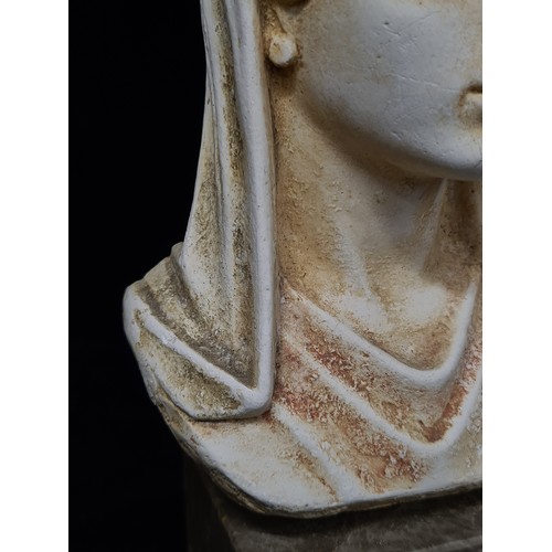 195 - A cast stone Olympias bust titled Mother of Alexander the Great - Wife of Philip II Macedon, mounted... 