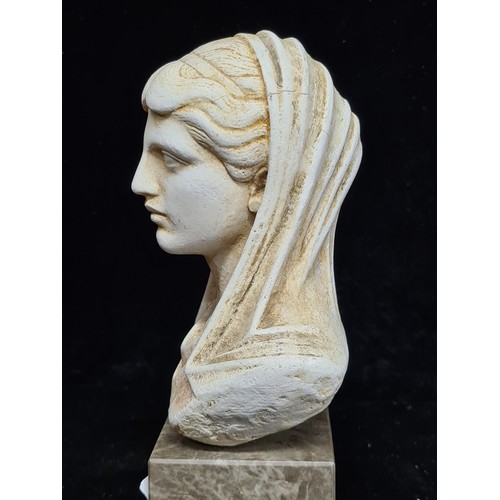 195 - A cast stone Olympias bust titled Mother of Alexander the Great - Wife of Philip II Macedon, mounted... 