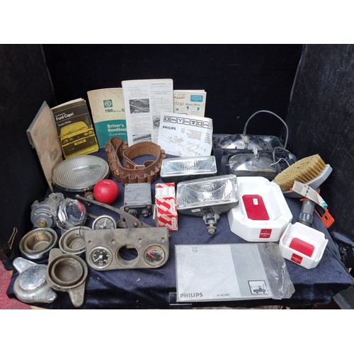 346 - A good mixed lot including vintage car lamps, car manuals, a shotgun gun belt and two Dunhill ashtra... 