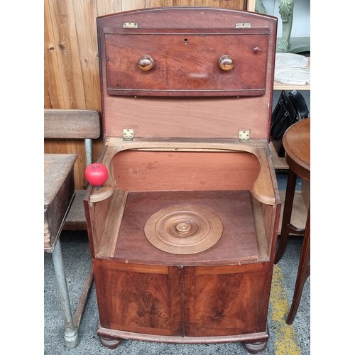 499 - 19th Century red Mahogany Bow Fronted Camode. The top lifts up. Could do a job in a pinch.