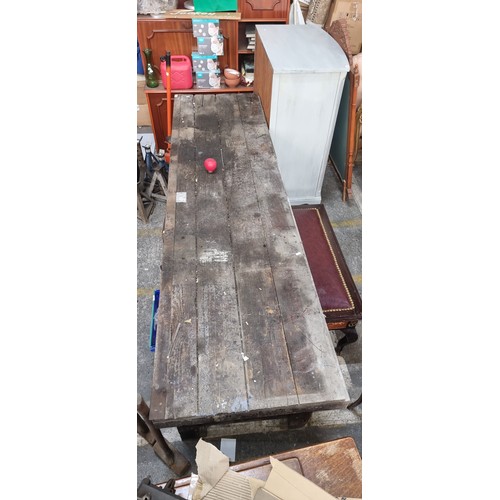 700 - Star Lot : A fantastic large vintage workman's bench. Good solid example. W244cm x H79cm x D65cm.