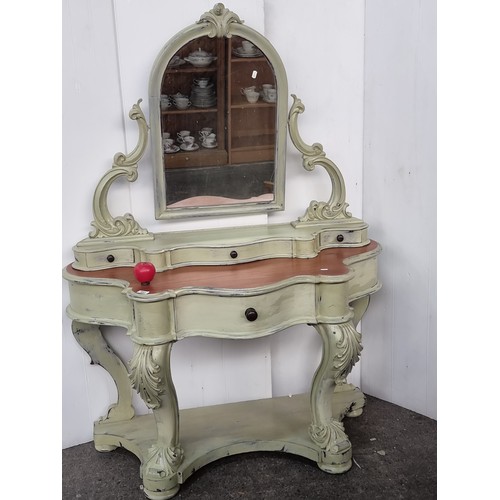 881 - Super Star lot : Vintage vanity table with mirror, featuring intricate carved detailing and painted ... 