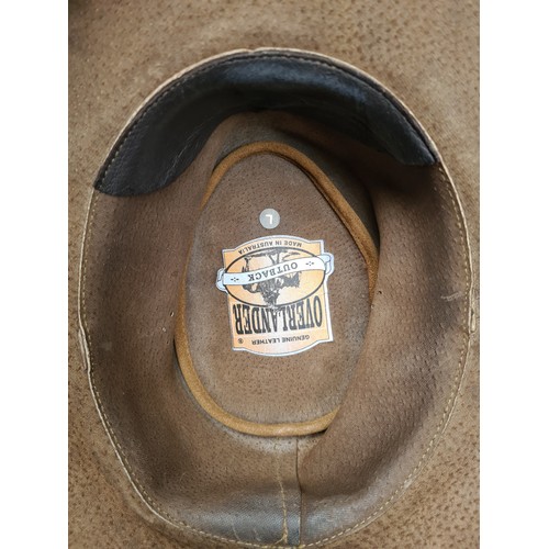 329 - Three leather cowboy hats including two Australian examples Overlander and Kadaku, and a Morgado Spa... 