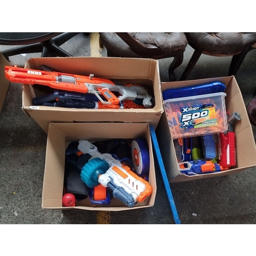 481 - Three large boxes of assorted Nerf toy blasters and darts, including Nerf and X-Shot brands. Fabulou... 