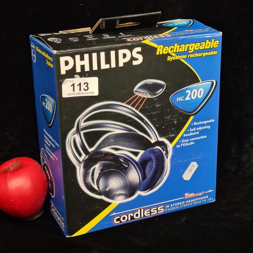 113 - A pair of Phillips cordless rechargeable headphones. Complete in original box. Model No. HC200