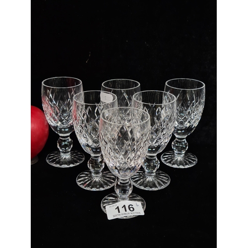 116 - A set of six Waterford Crystal glasses in the Boyne pattern. All in good condition with acid marks t... 