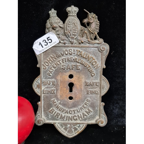 135 - A Victorian brass safe lock escutcheon. By John & Jos Taunton, Birmingham. Great looking piece.