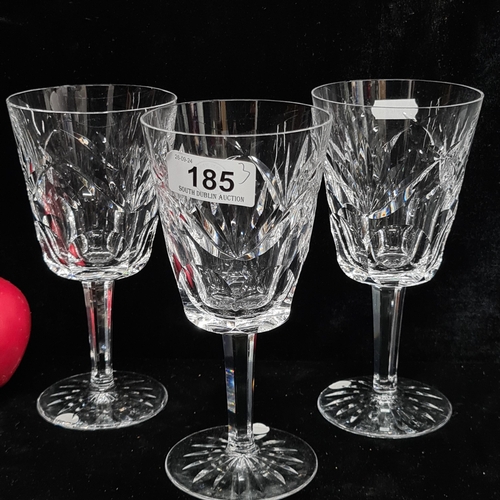 185 - Three Waterford Crystal large wine glasses in the Aisling pattern. In good condition with acid marks... 