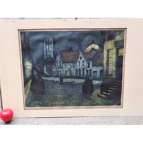 202 - Star Lot: An enchanting original etching after 'Julien Celos'. Features a 1920s Parisian street scen... 