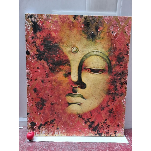 204 - A very large original mixed media on canvas painting. Features a serene buddha. Rendered in textural... 