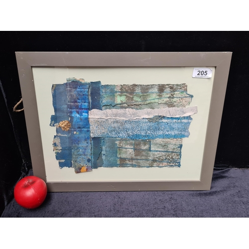 205 - A mixed media collage painting featuring abstracted blue forms with gold leaf accent. Signed indisti... 