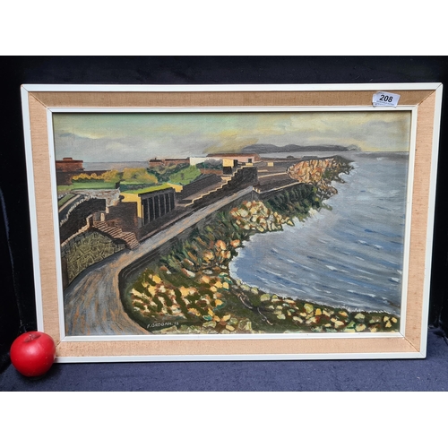 208 - An original 1970's oil on board painting featuring East Pier, Dun Laoghaire harbour. Rendered in bro... 