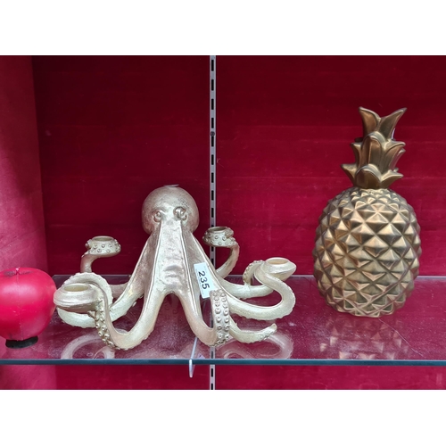 235 - Two eye catching gilt items including an octopus 4 tentacle candelabra candle holder and a decorativ... 