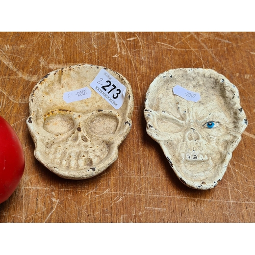 273 - Two Cast Iron Coin / Candy Dish Tray. Features Skull faces. Perfect for Halloween.