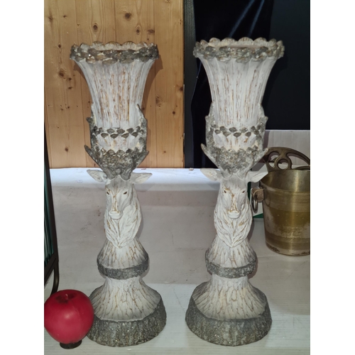 291 - A pair of tall stag themed candle holders. Approx 16