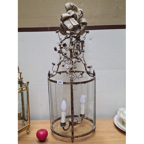 318 - Star Lot : A very pretty Large chrome and glass pendant light with winding floral design to top. Was... 