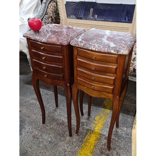 363 - Star Lot : A beautiful pair of Louis XV style marble top bedside four drawer tables. In super condit... 