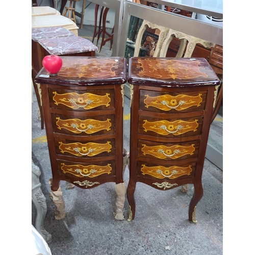 364 - Star Lot : A pair of French floral marquetry night stands. Exquiste detail to each, featuring brass ... 