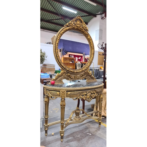 372 - Super Star Lot : A stunning ornate Baroque style marble topped demi-lune console table with gilded b... 