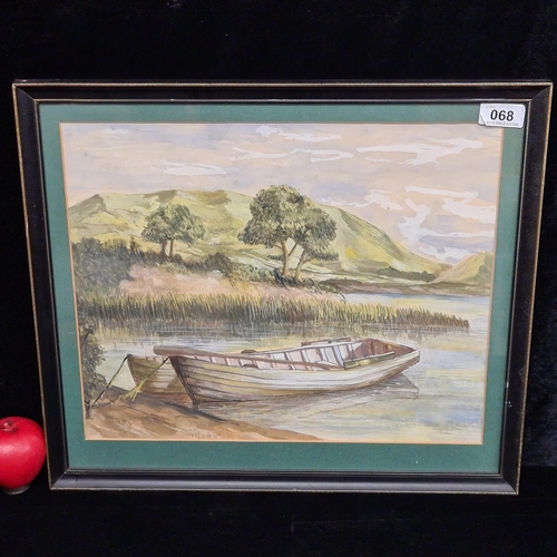 68 - A charming original gouache on paper painting featuring moored wooden fishing boats in a mountainous... 