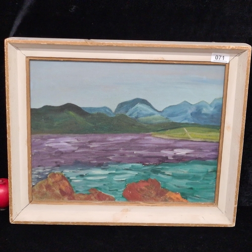 71 - An original oil on canvas painting. Features a landscape scene with the sea, mountains and grassland... 