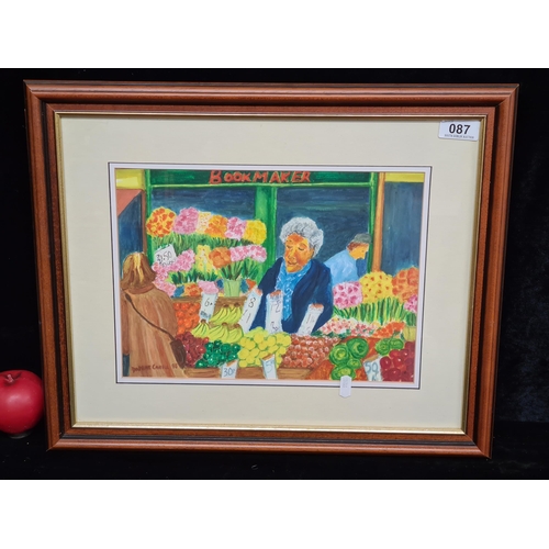 87 - A beautifully bright gouache on paper painting featuring a fruit and flower market scene. Signed 'Da... 