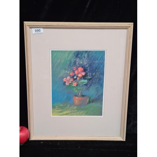 90 - An original chalk pastel on coloured paper painting / drawing. Features a still live of potted flowe... 