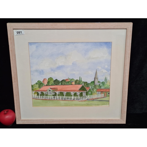 91 - A sweet original watercolour on paper painting featuring stables and church spire in a landscape set... 