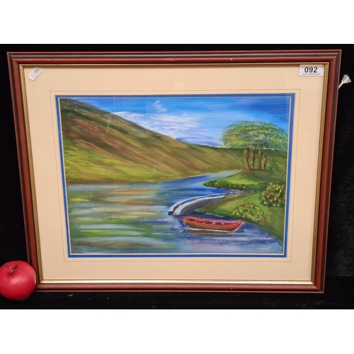 92 - A vivid oil on board painting featuring a landscape with waterway. Rendered in highly blended brushs... 