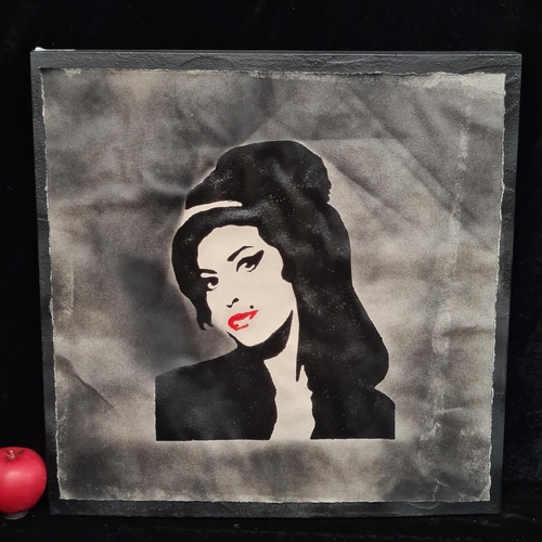 94 - A graphic spray paint and stencil on paper painting. Features a portrait of Amy Winehouse with her i... 