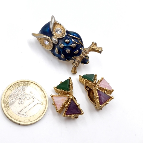 36 - A collection of vintage D'orlan 1980's gold plated earrings. Together with an enamelled owl brooch w... 