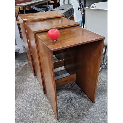 655 - Mid-Century Modern nesting tables in solid wood, set of three. Simple, streamlined design.