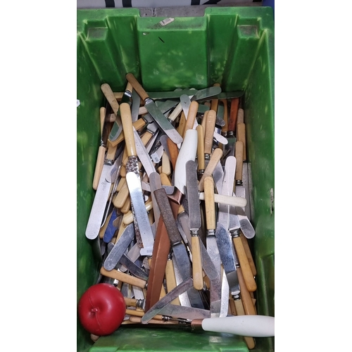 664 - Mixed lot of butter knives with various handles, including a vintage Taylor's Eye Witness Sheffield ... 