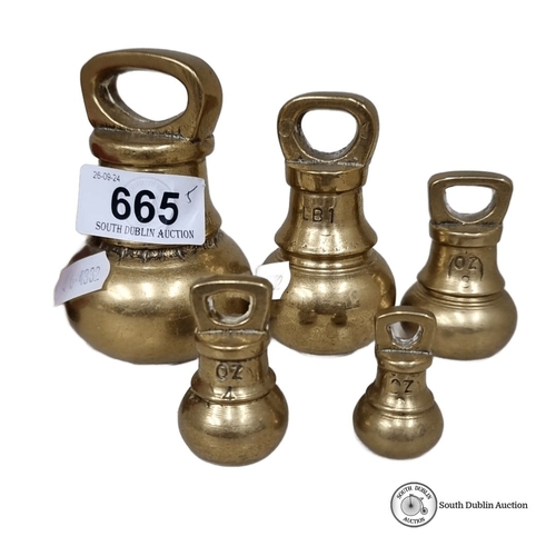 665 - Set of five brass vintage balance weights. Includes weights marked LB2, LB1, and OZ.