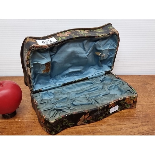 672 - A really beautiful Antique decoupage box with floral design exterior and blue silk-lined interior, f... 