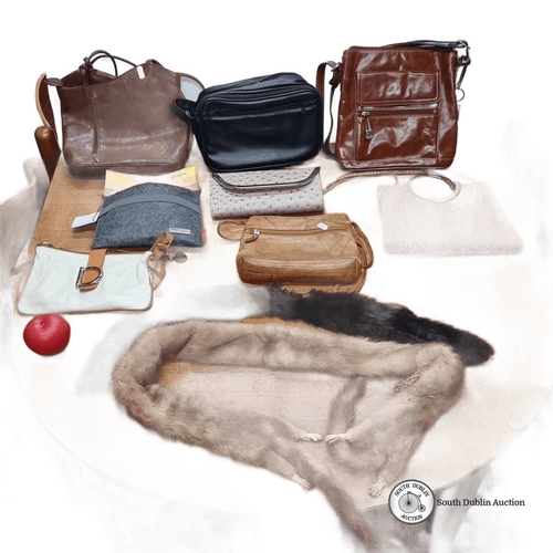 673 - Assortment of ten handbags, clutches, and purses including Italian leather and felt examples. Includ... 