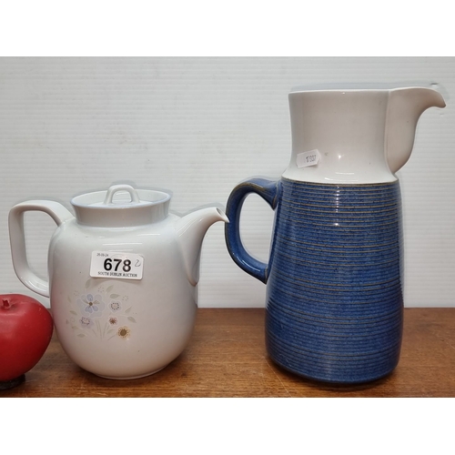 678 - Two English Pottery pieces: a Denby blue-striped jug. Made in England, fine stoneware. A white flora... 