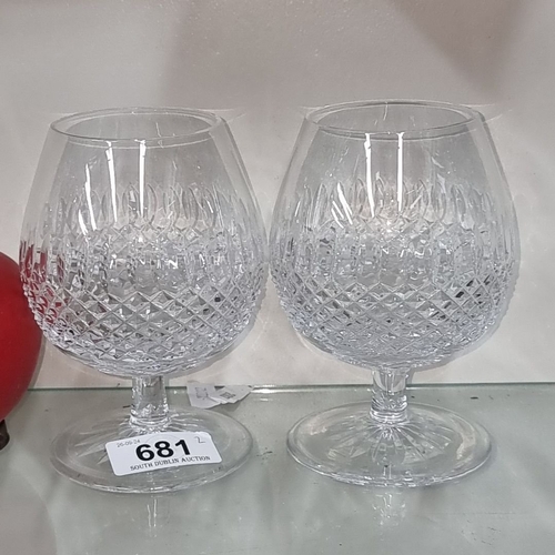 681 - Pair of vintage hand cut crystal brandy glasses  with intricate hobnail pattern. In VGC.