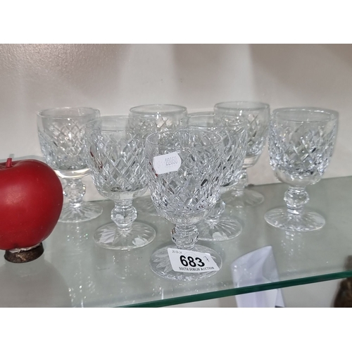 683 - Set of eight Waterford crystal glasses with classic diamond-cut design.