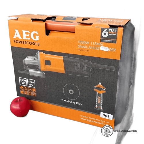 901 - A new in box AEG Powertools 1000W 115mm Small Angle Grinder WS 10-115 SK includes 2 Grinding Discs a... 