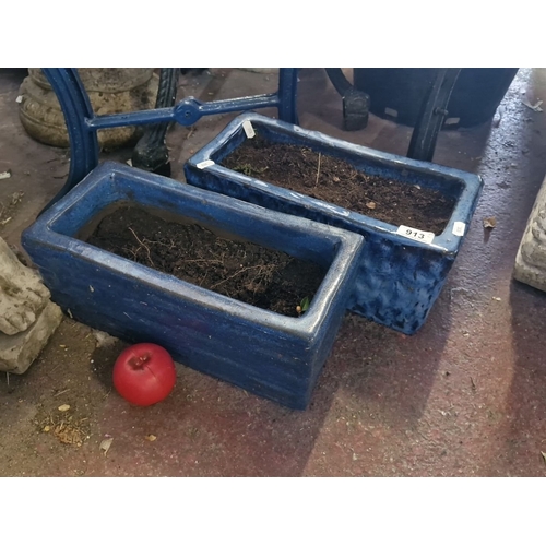 913 - A Pair of rectangular blue glazed ceramic planters.