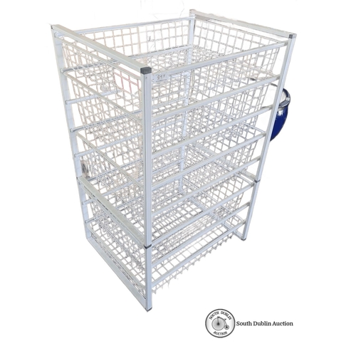 917 - A White metal storage rack with five wire mesh shelves.