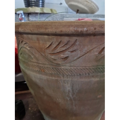 918 - A Large terracotta planter with raised leaf and geometric motifs.