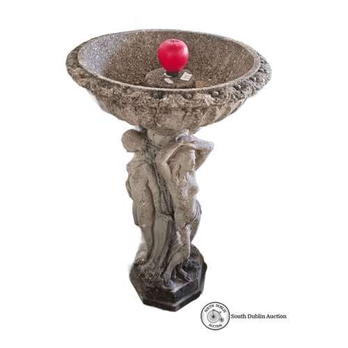 919 - Star lot :A concrete birdbath with cherub and maiden figures supporting an ornate basin. Intricate d... 