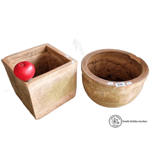 929 - Set of two terracotta planters including one square and one round design.