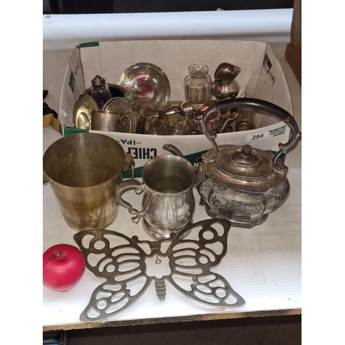 294 - A large box of vintage EPNS tableware including a teapot, saucers, tankard and trivet. Along with a ... 