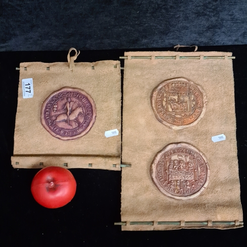 177 - Three vintage medieval Facsimile seals mounted on two leather suede panels.