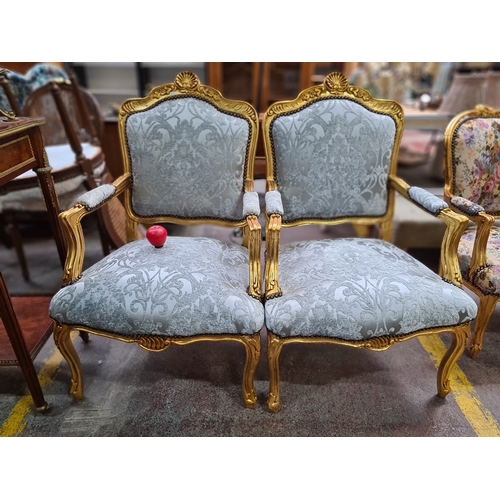 350 - Star lot : A pair of wonderful Louis XV style occasional dining chairs featuring a rich blue cut vel... 